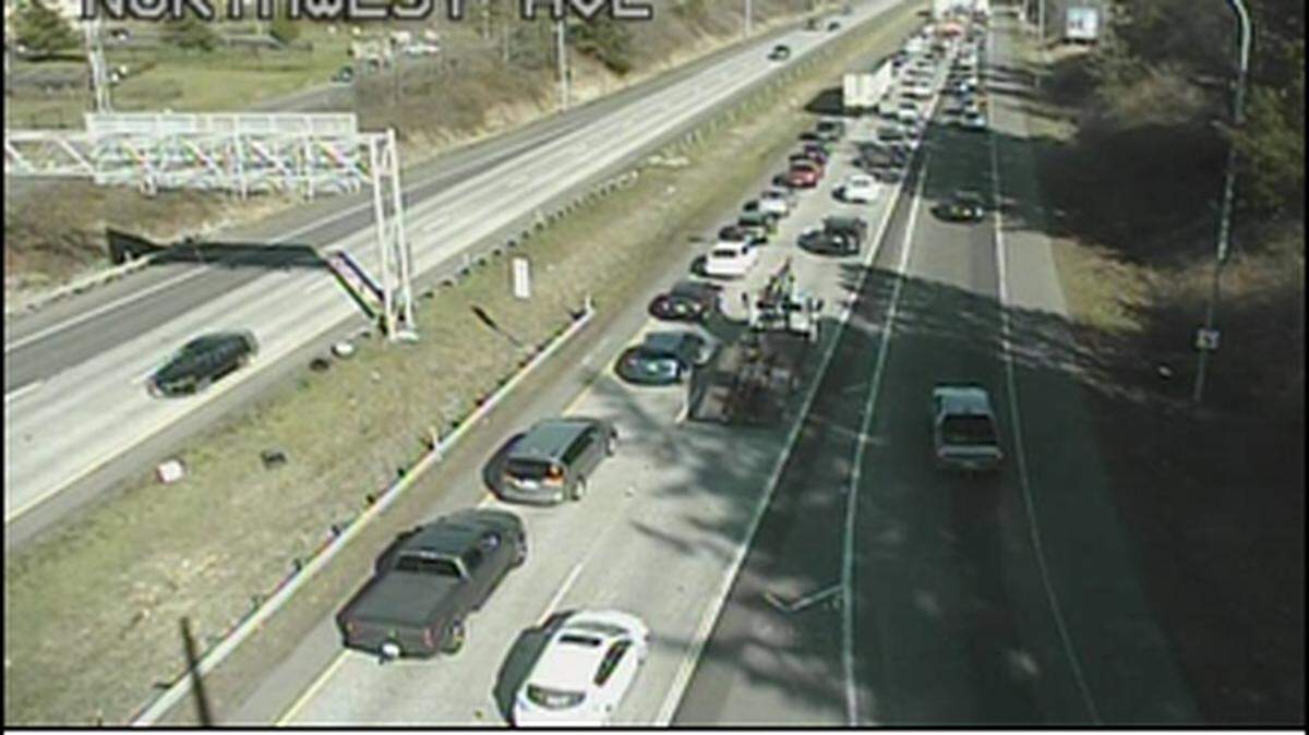A WSDOT traffic camera at Northwest Avenue shows a backup on southbound Interstate 5 after a crash blocked all lanes of north of Sunset Drive. Drivers are asked to use alternate routes on Friday.
