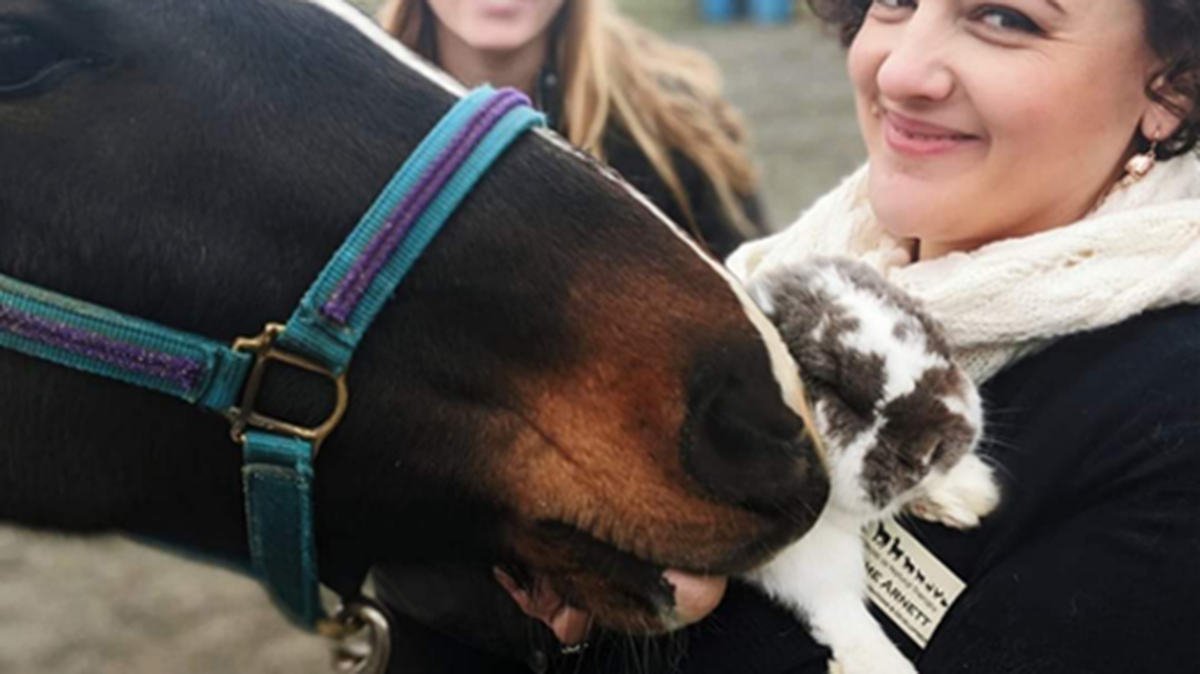 Animals as Natural Therapy (ANT) Executive Director Jaime Arnett poses with animals used in the nonprofit’s therapy programs. The Bellingham organization began offering barnyard animal therapy for Whatcom County hospice patients and their families this month.