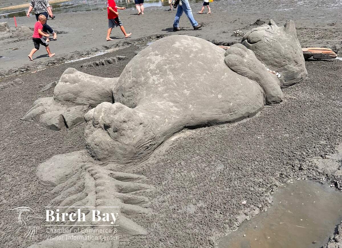 A cat sand sculpture from the 40th Annual Birch Bay Sand Sculpture Competition in 2023 in Birch Bay, Wash.