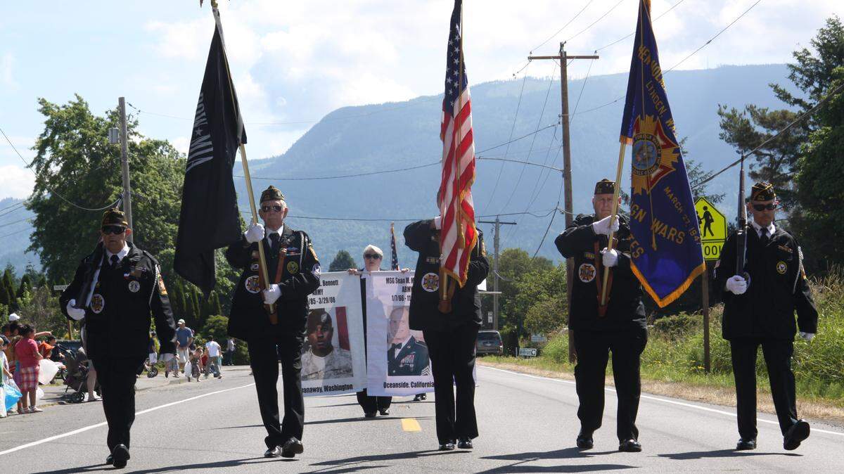 The Lynden Veterans of Foreign Wars, VFW, Post 9301 march in the Everson-Nooksack Summer Festival parade in 2011 at Everson City Park in Everson.  The Whatcom County Sheriff’s Office is investigating a weekend break in at the VFW Post 9301 in Lynden that cost the post nearly $2,000, including care packages for troops, the week before Veteran’s Day.