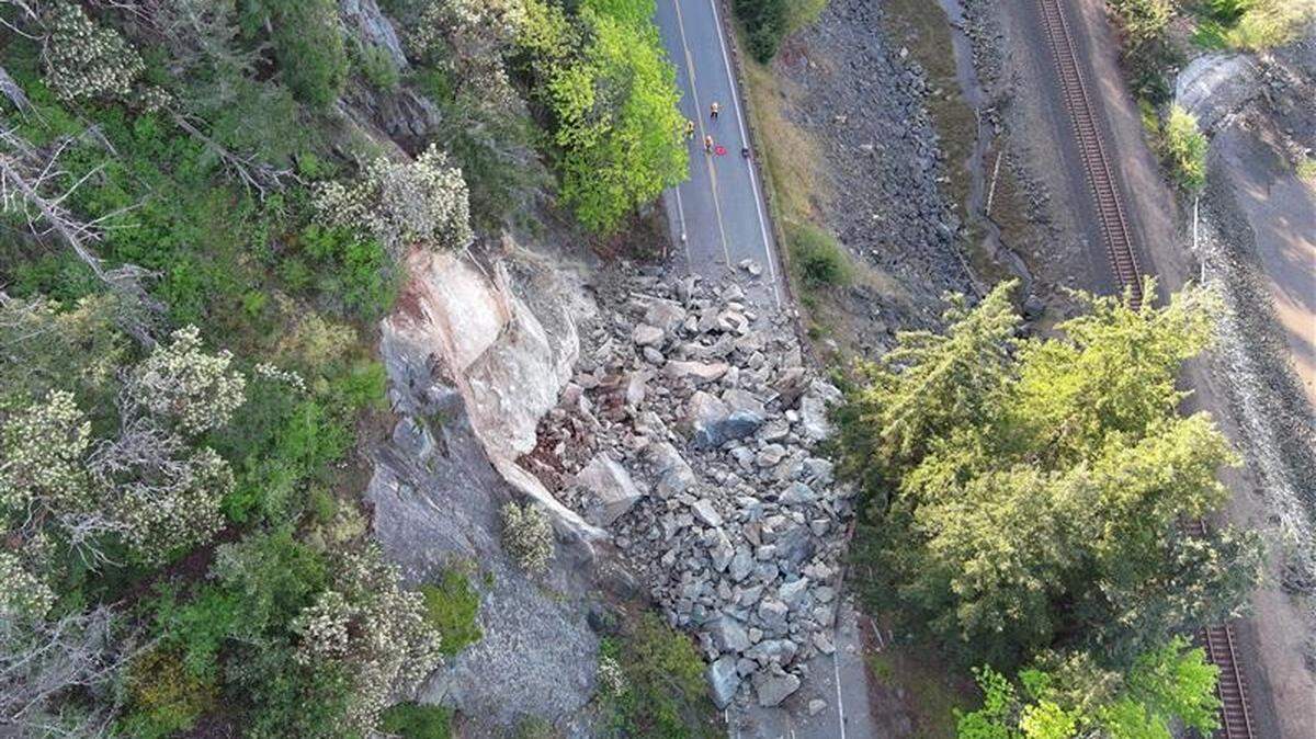 A aerial view shows the rock slide that closed State Route 11, also known as Chuckanut Drive, south of Bellingham, Wash., on April 22, 2025.