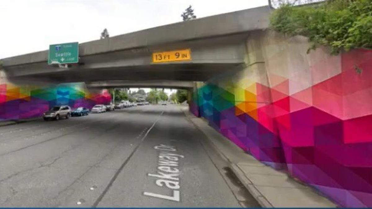 A mural is shown on the underpass at Interstate 5 and Lakeway Drive, during a presentation given to the City Council on July 1. The design is only an example, and the actual art isn’t finalized, a city official said. It’s planned for installation in spring of 2025.
