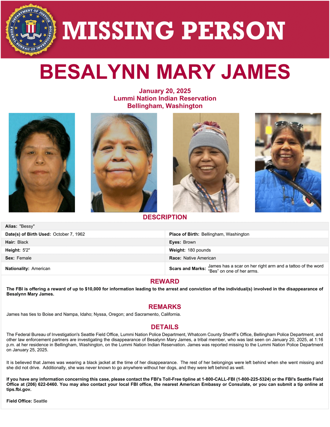 The FBI on Jan. 22, 2026 issued this updated missing person poster for Besalynn Mary James, who was last seen at her Lummi Nation home on Jan. 20, 2025.