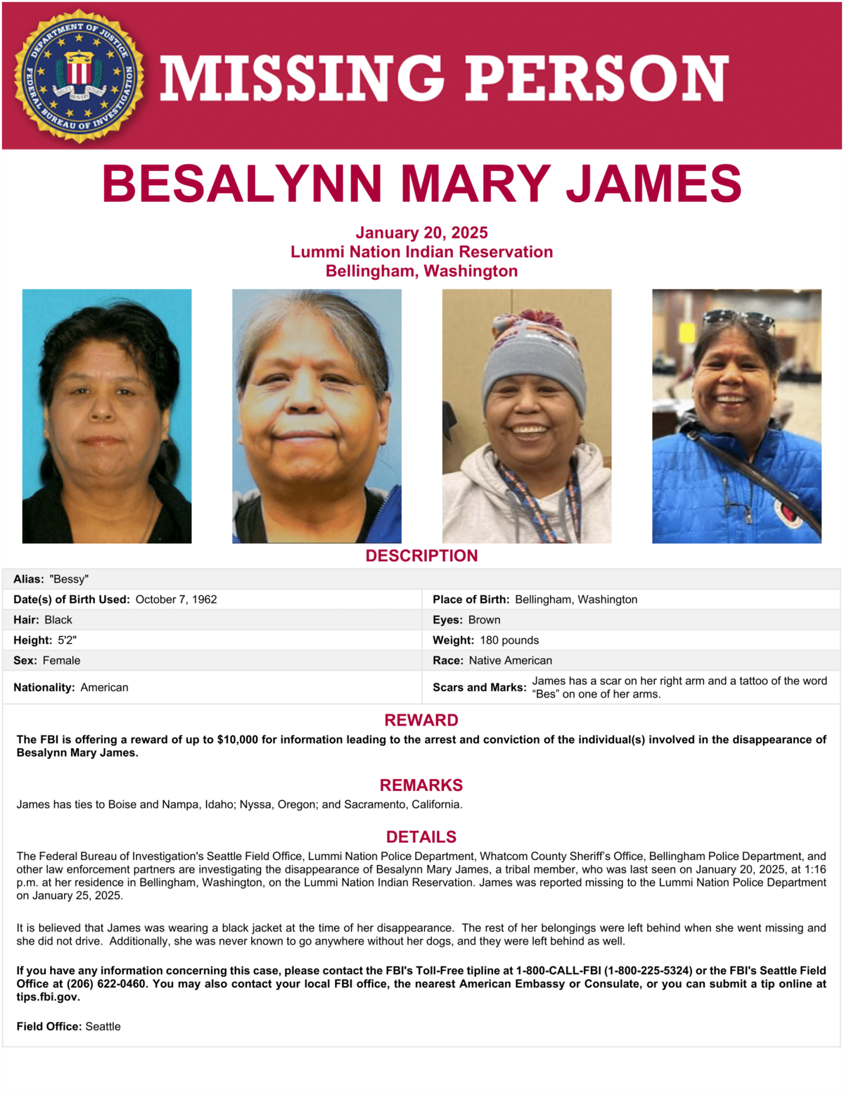 The FBI on Jan. 22, 2026 issued this updated missing person poster for Besalynn Mary James, who was last seen at her Lummi Nation home on Jan. 20, 2025.