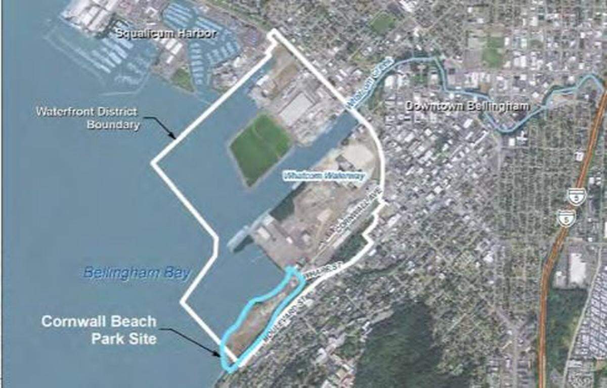 A map of the Cornwall beach site in Bellingham shows the outline of the park in blue.