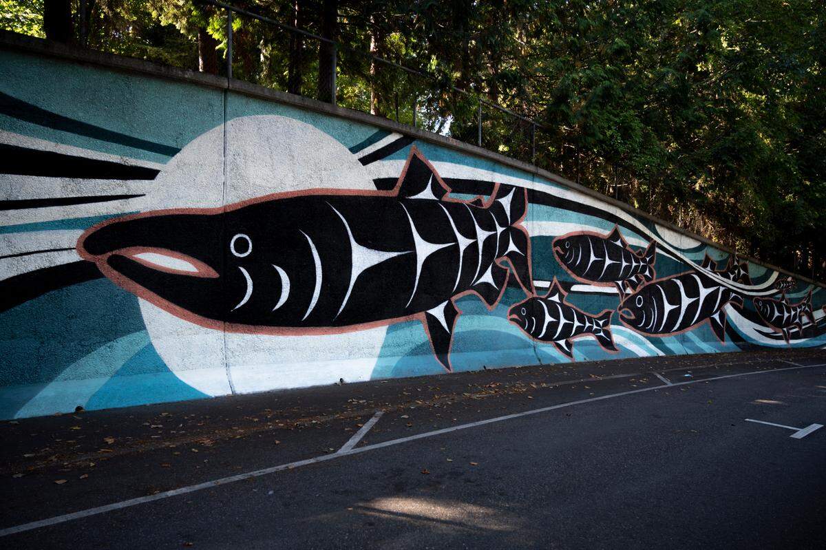 Salmon Run, a mural by local artists Gretchen Leggitt and Jason LaClair, is visible on Forest Street on Thursday, Sept. 2, in Bellingham.