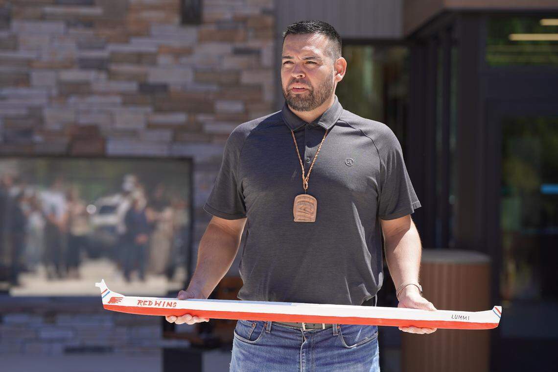 Lummi Nation Chairman Anthony Hillaire attends a 2024 press conference at the tribe’s health center.                             