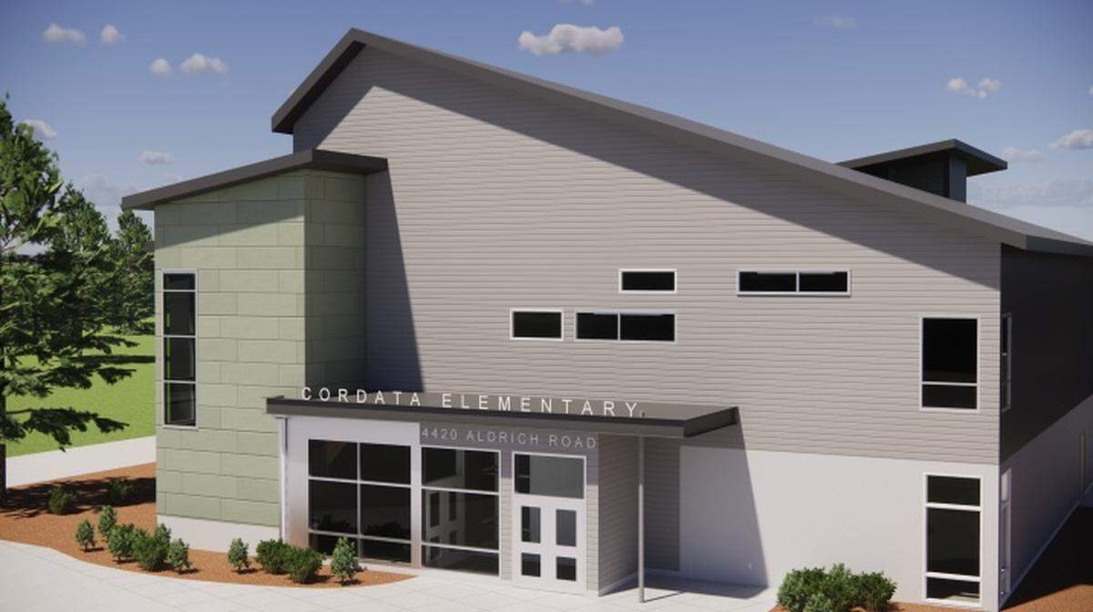 A rendering shows the new proposed front entrance of Cordata Elementary School in Bellingham after a “security vestibule” is constructed as a safety feature. A construction permit was issued for the project on September 30, 2024.
