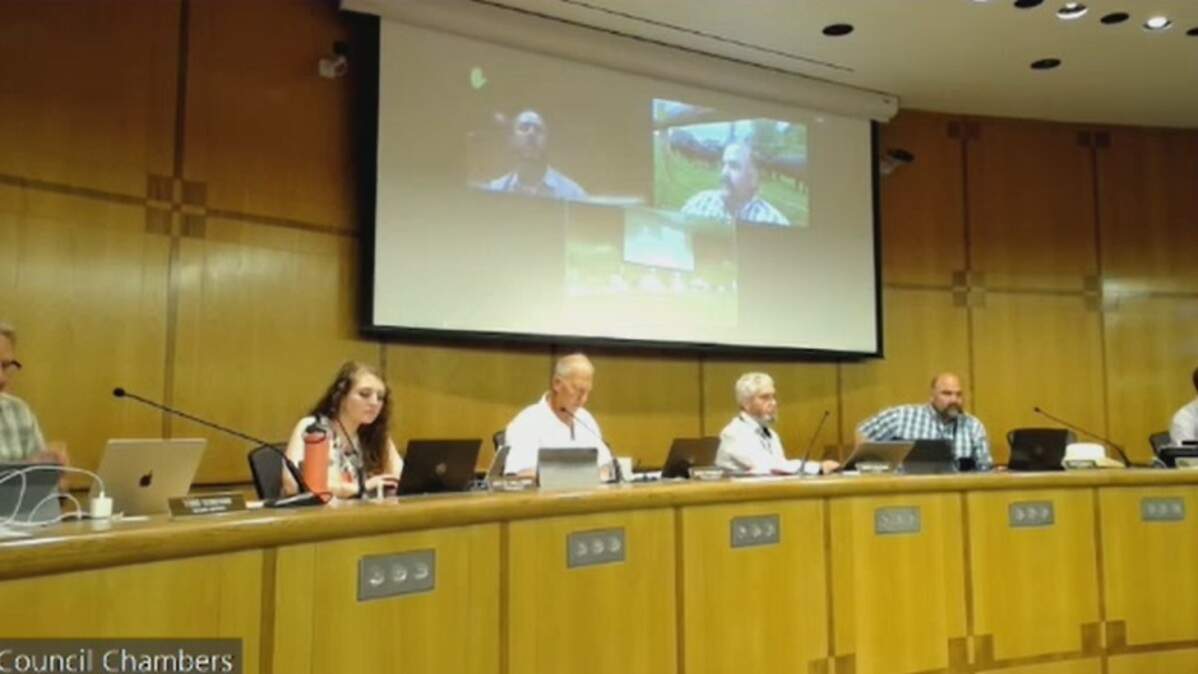 In a screenshot from video in Council Chambers on Tuesday, Whatcom County Council members discuss asking a court to decide if a measure seeking to repeal a voter-approved child care tax should go on the November ballot.