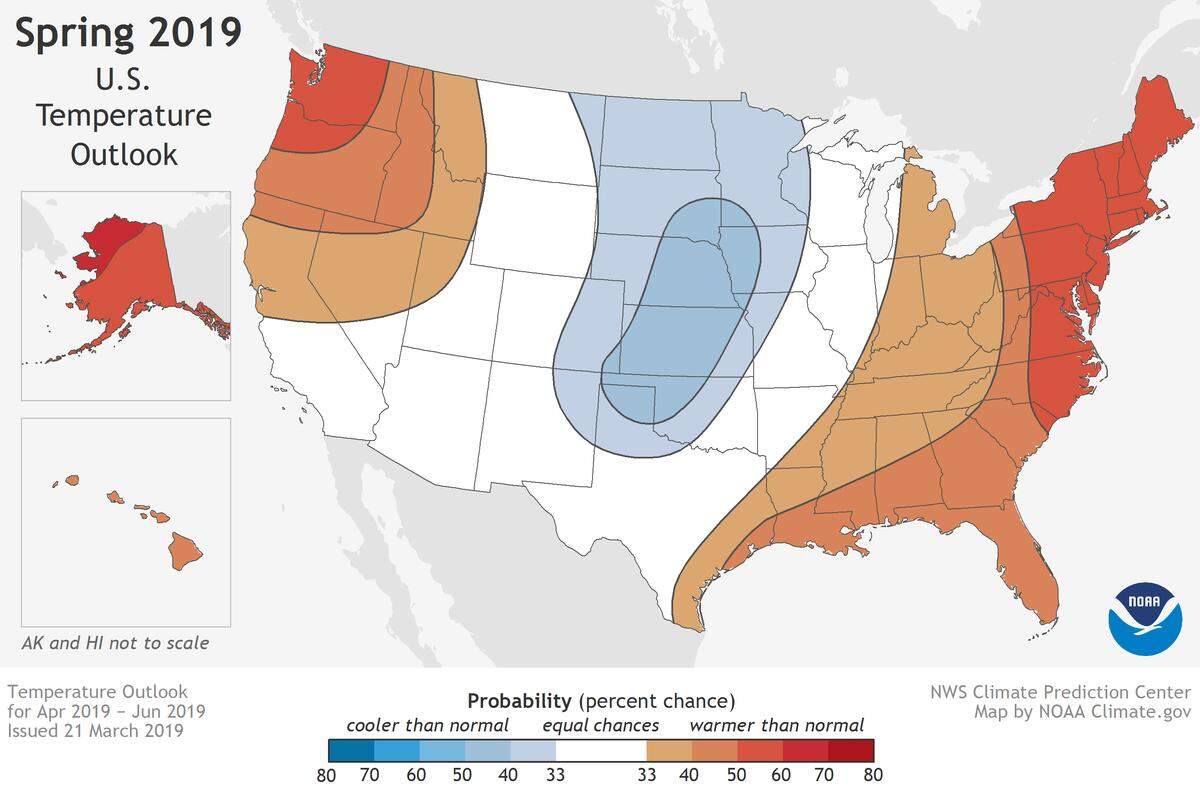 Shades of red and blue show the chances of an unusually warm or cold spring (April-May) in 2019. “Unusually warm or cold” means seasonal average precipitation in the top or bottom third of the climatological record (1981-2010). Darker colors mean higher chances, not how warm or cold the conditions will be.