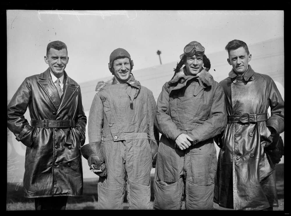 Cecil ‘Doc’ Maidment (left), Charles Kingsford Smith, Charles Ulm and Tom McWilliams in an undated historical photo. Smith was a legendary Australian pilot who disappeared during a flight in 1935.