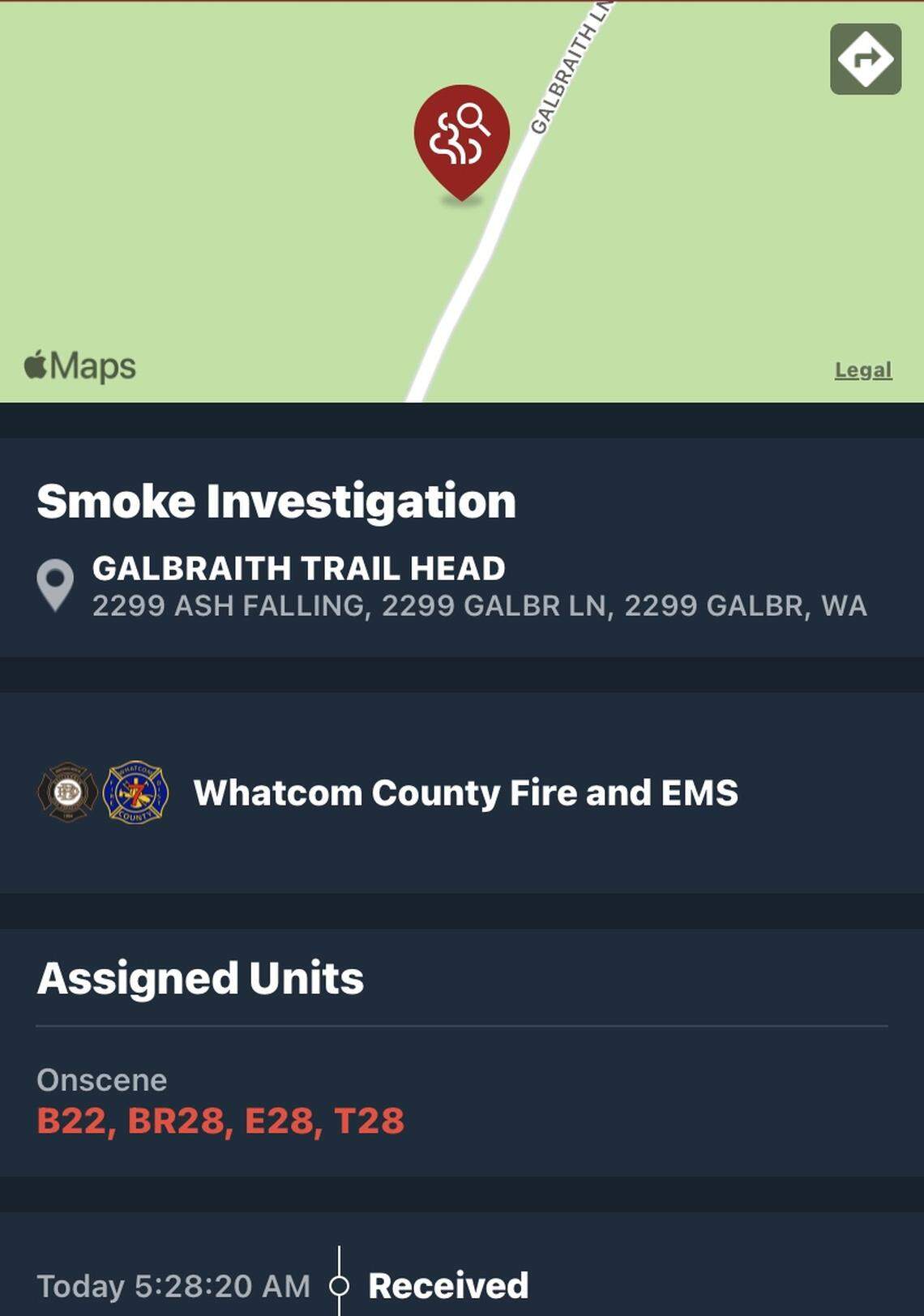 A smoke investigation was reported on Galbraith Mountain on Tuesday, July 18, 2023.