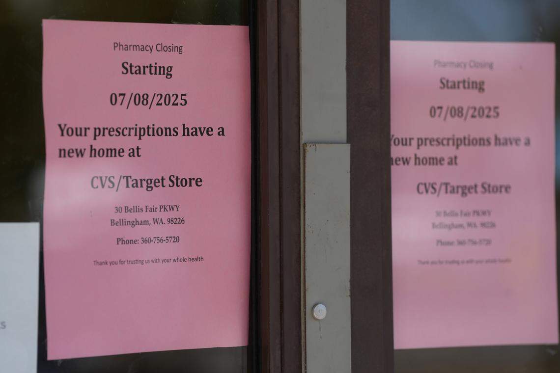 Signs alerting customers to a closing pharmacy are posted on the front doors of Right Aid at 3227 Northwest Avenue in Bellingham, Wash., on July 3, 2025.