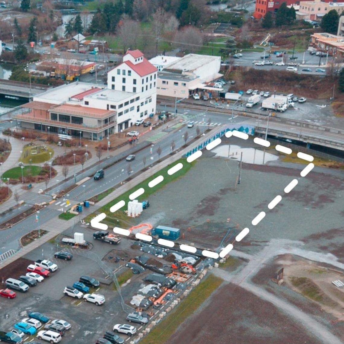An undated aerial image shows an outline of the location of an additional parking lot expected to be installed at Bellingham’s downtown waterfront area.