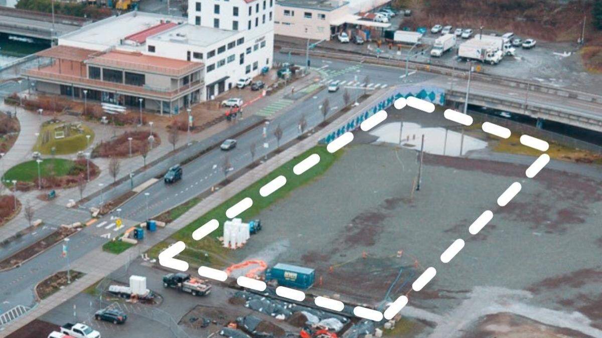 An undated aerial image shows an outline of the location of an additional parking lot planned for  Bellingham’s downtown waterfront area.