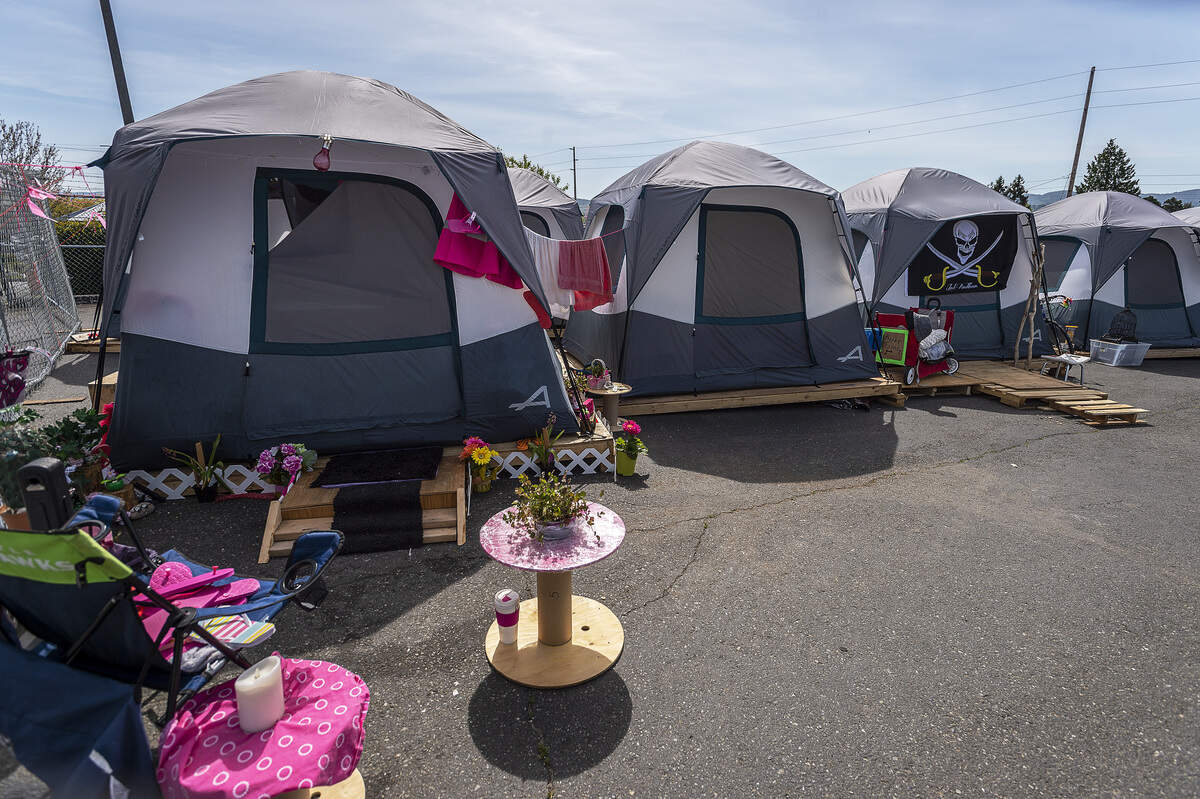 A decorated tent at the Safe Haven homeless encampment provided by HomesNOW! in part of the parking lot at 620 Alabama St. in Bellingham. Each tent sleeps up to two and provides enough space for residents to have a cot and personal items without being cramped.