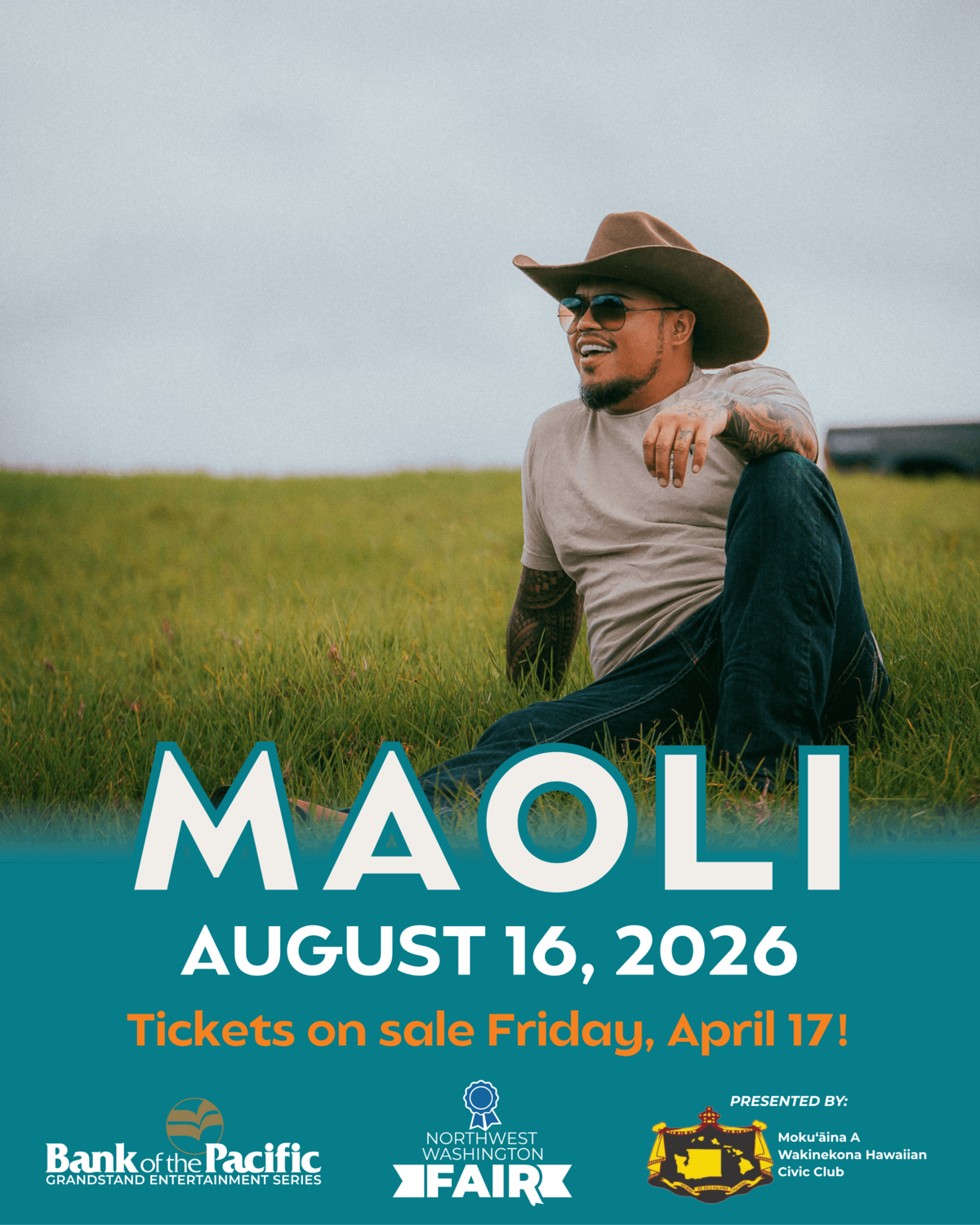 Maoli will perform Aug. 16, 2026 as part of the Bank of the Pacific Grandstand Entertainment Series at the Northwest Washington Fair in Lynden.
