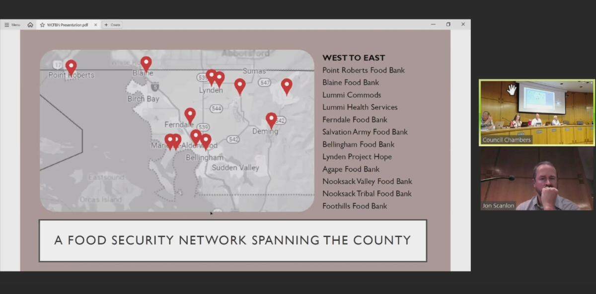 Food bank locations span all across Whatcom County, as shown in a map presented to the Whatcom County Council on July 9, 2024, as part of a request for additional funding from the Whatcom County Food Bank Network.
