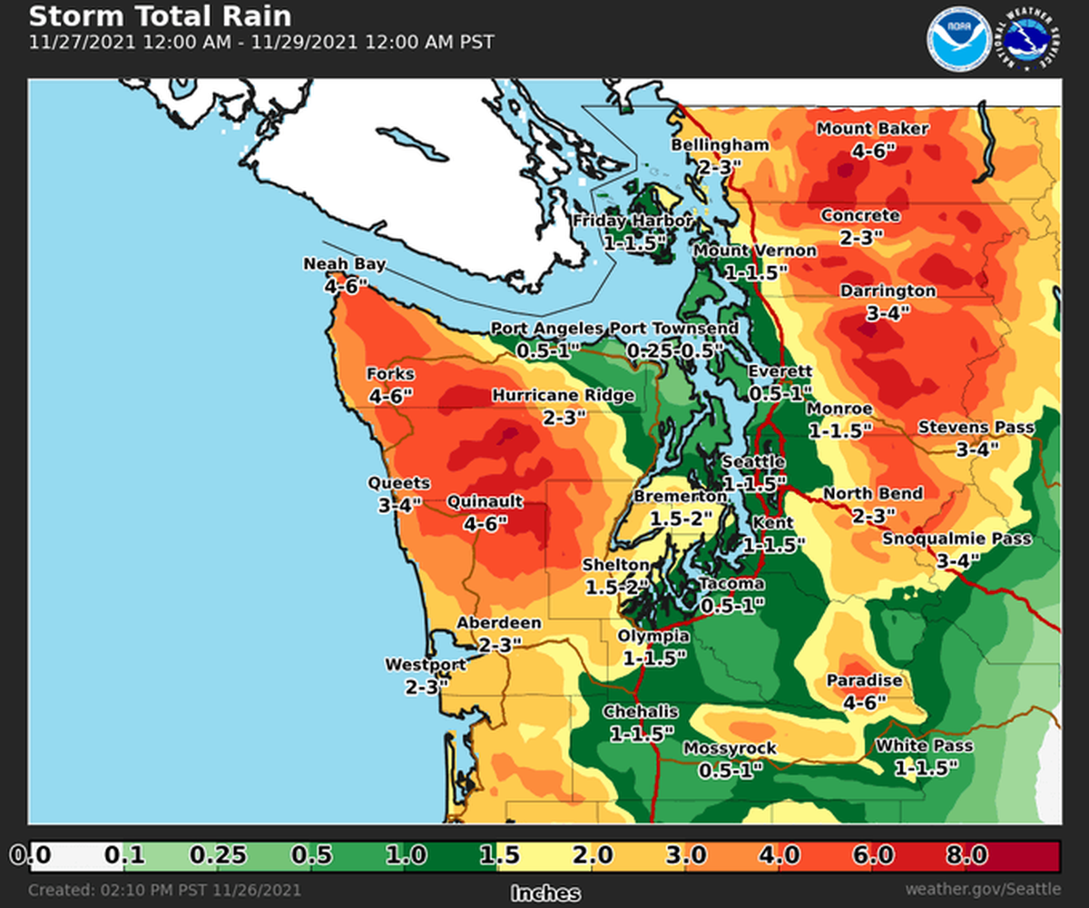 National Weather Service forecast for rainfall between midnight Saturday, Nov. 27, and midnight Monday, Nov. 29.