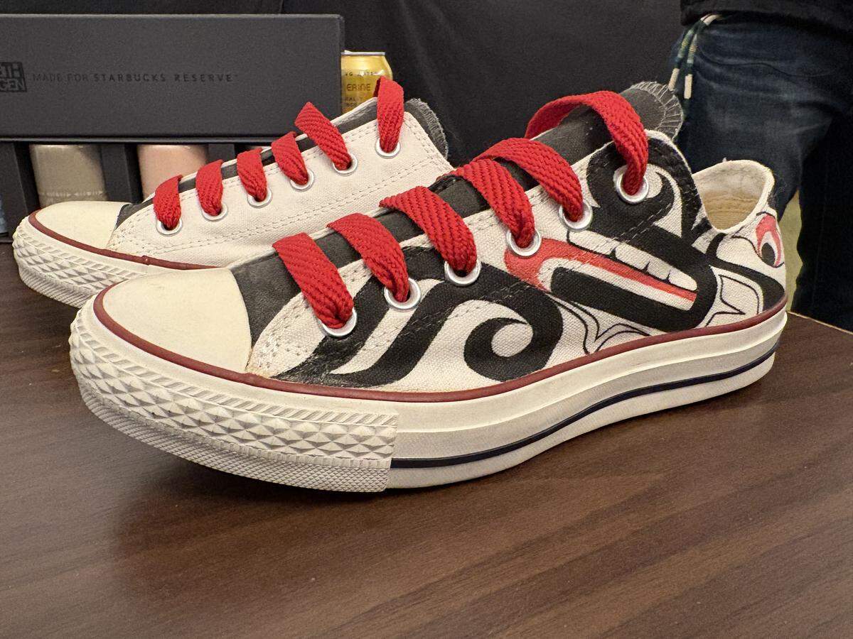 Shoes designed by Nooksack artist Louie Gong