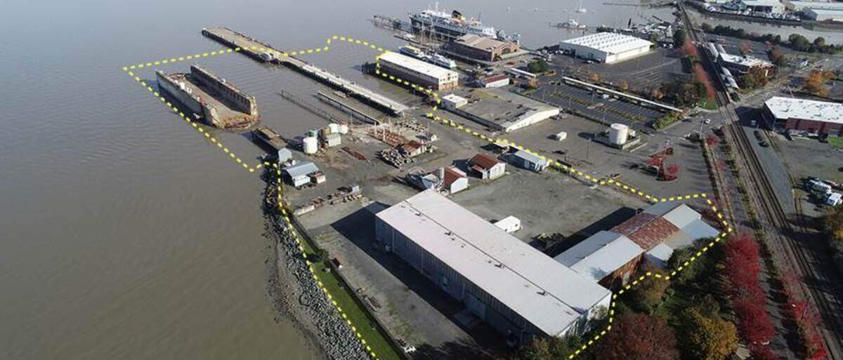 The Harris Avenue Shipyard site on the Bellingham waterfront in the Fairhaven neighborhood of Bellingham. The site boundary lines are approximate.