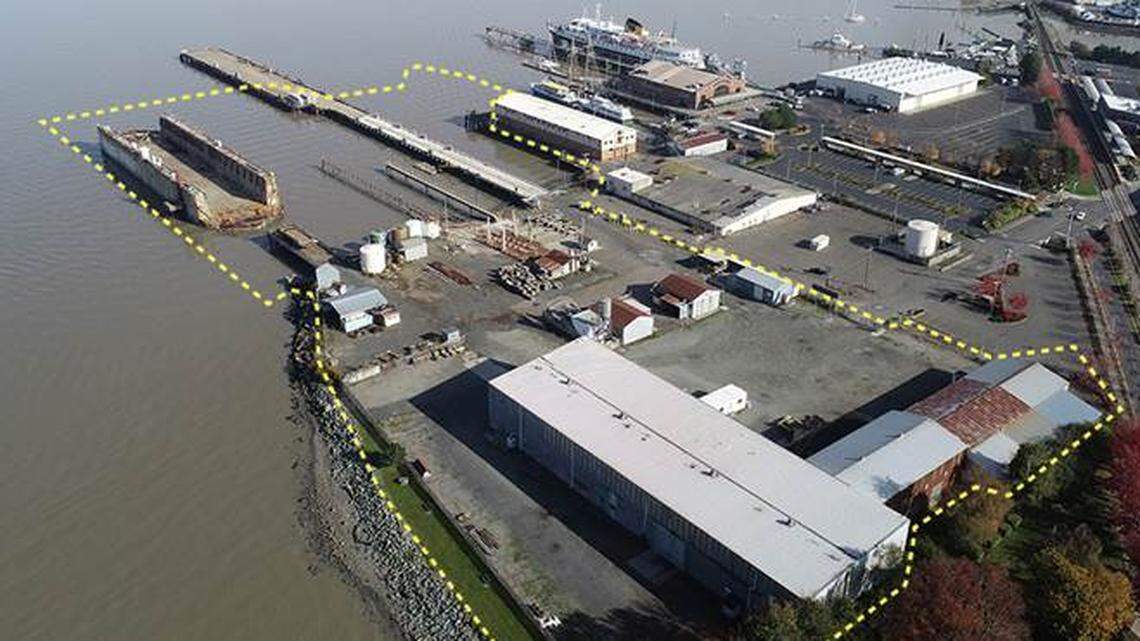 The Harris Avenue Shipyard site on the Bellingham waterfront in the Fairhaven neighborhood of Bellingham. The site boundary lines are approximate.