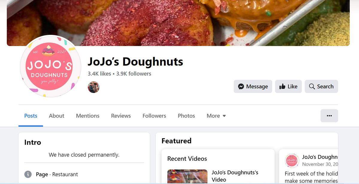 A screen shot of JoJo’s Doughnut’s Facebook profile page on Aug. 22, 2023. The shop’s Facebook profile intro reads, “ We have closed permanently.”