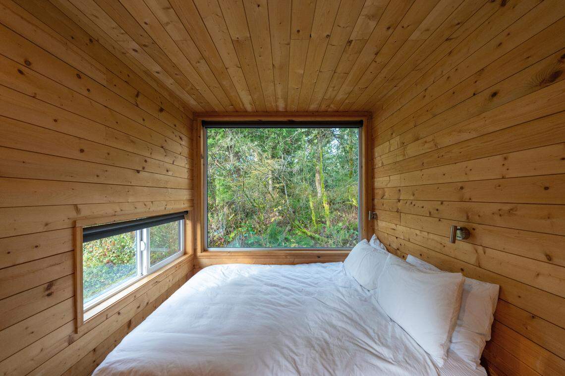 The interior of a cabin at Postcard Cabins’ Skagit Valley location is pictured.