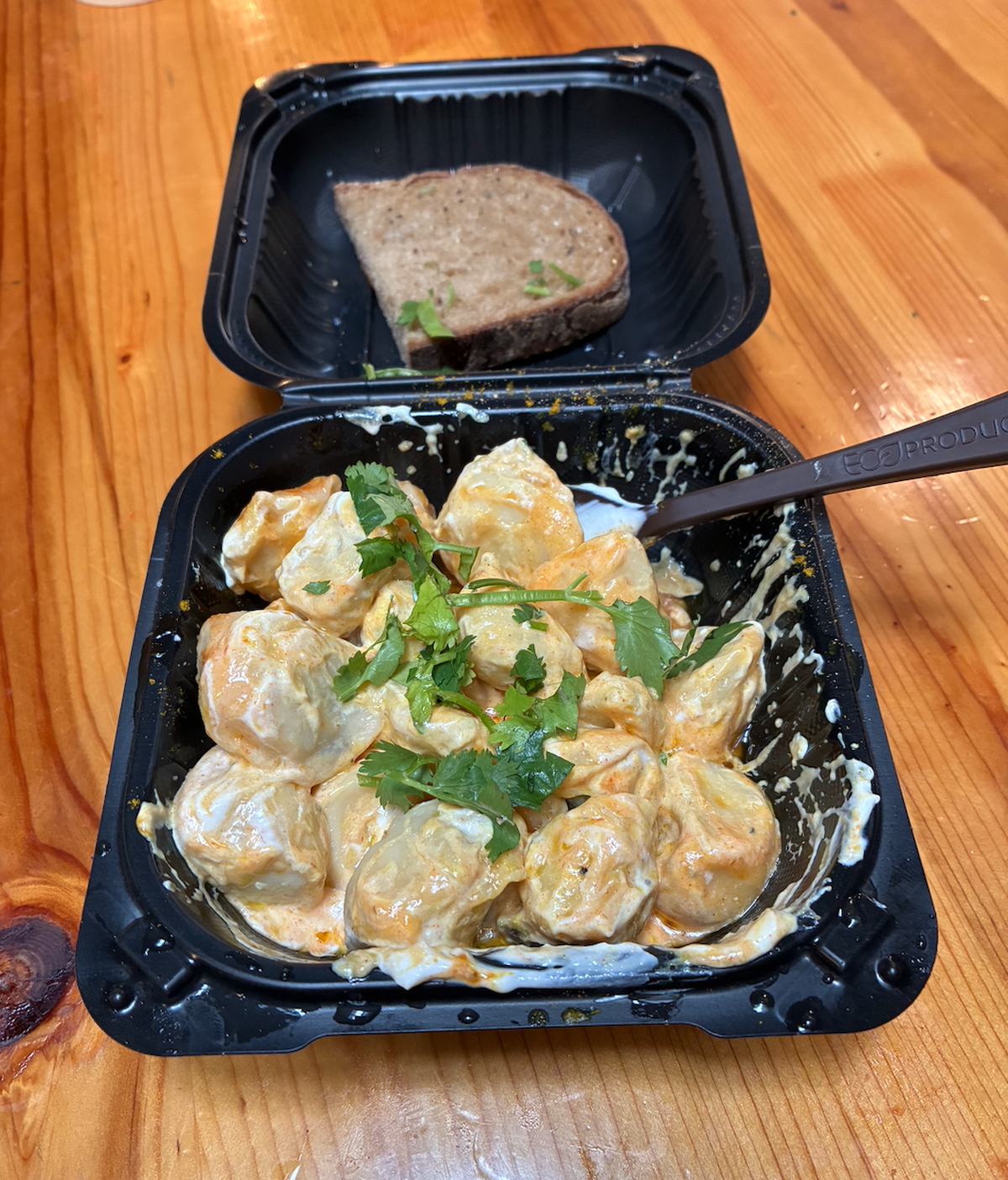 The potato dumplings with sour cream, vinegar and hot sauce at Pelmeni in downtown Bellingham.