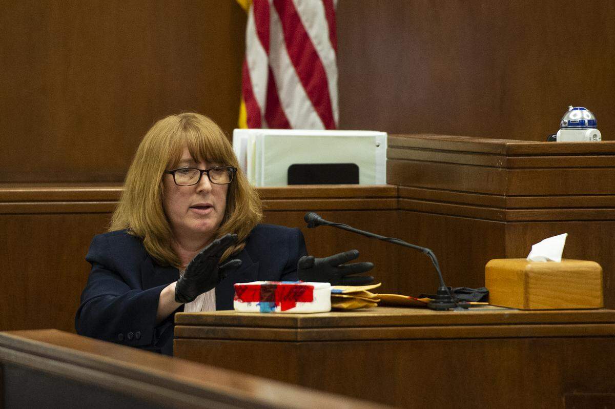 Jodi Sass, a CODIS manager at the Washington State Crime Lab and the first witness of the trial, explains evidence taken from Amanda “Mandy” Stavik’s body during an autopsy, at Whatcom Superior Court in Bellingham on Friday.