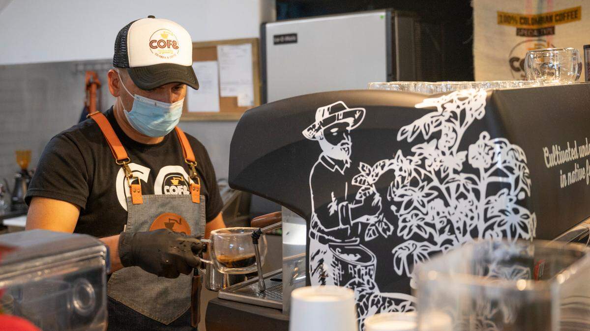 Oscar Quintero makes a cup at his new business COF& (pronounced coffee) at 784 Kentucky St., Bellingha.m.