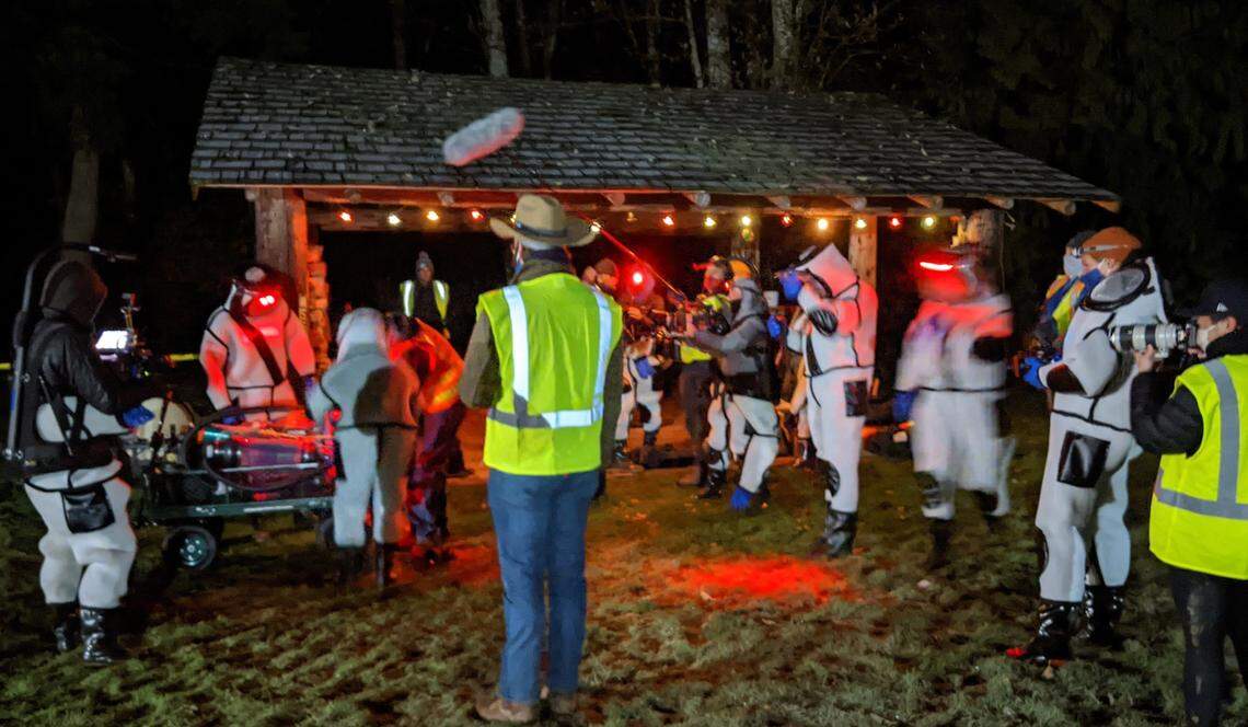 The Asian Giant Hornet eradication crew, which included the Washington State Department of Agriculture and the U.S. Department of Agriculture,go to work in the early hours of Saturday, Oct. 24, to neutralize a nest in the Blaine area. The nest, which was located in a tree trunk, was sealed, vacuumed and then injected with carbon dioxide to asphyxiate whatever remained in the cavity. The nest will later be removed and dissected for further study by entomologists.