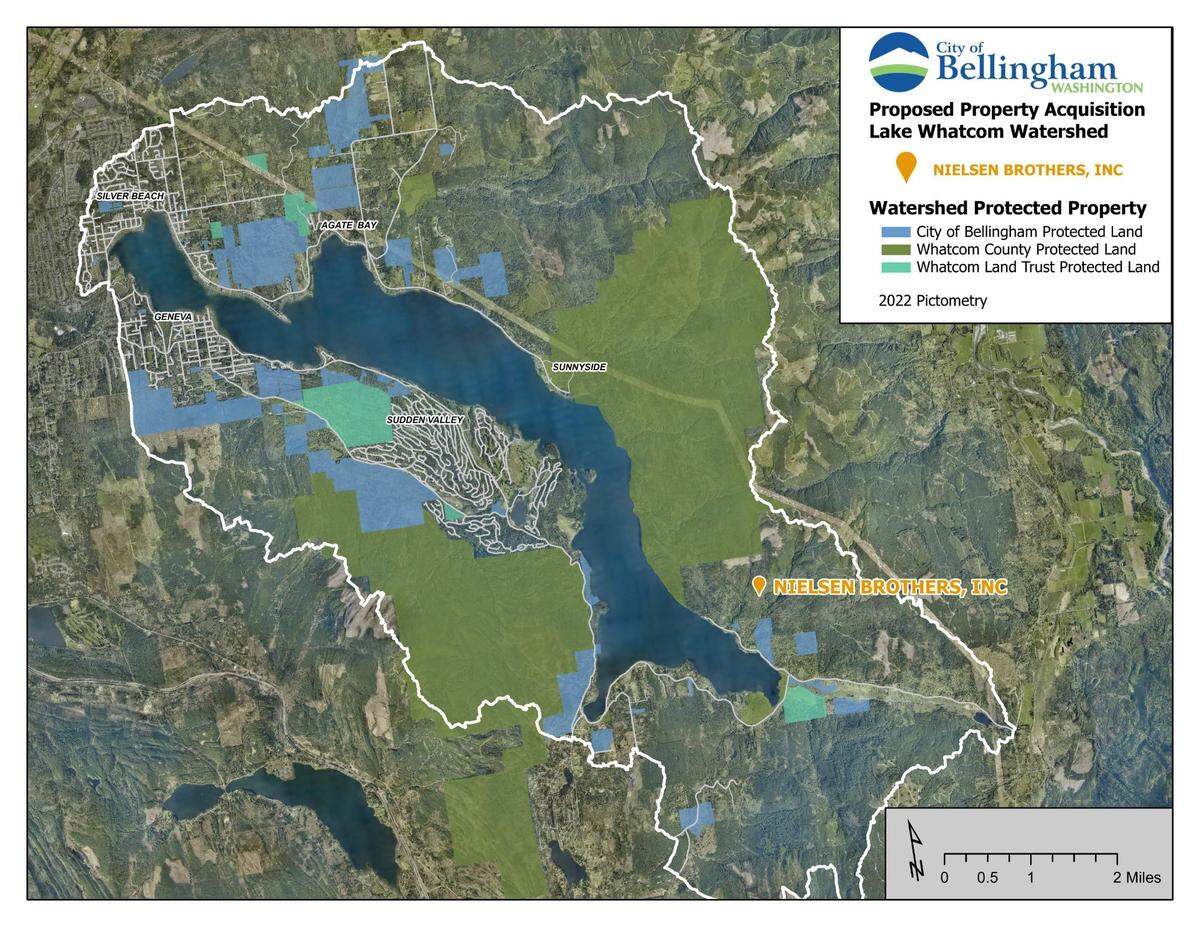 A city of Bellingham map shows the location of the 754 acres of land above Lake Whatcom that the city bought from the Nielsen Brothers Inc. for $3.65 million.