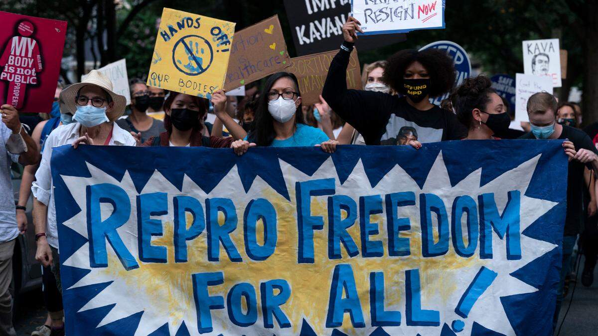 Abortion rights demonstrators march to the Supreme Court Justice Brett Kavanaugh’s home in Chevy Chase, Maryland, Monday Sept. 13, 2021, after a high-profile decision earlier this month in which the court by 5-4 vote declined to step in to stop a Texas law banning most abortions from going into effect, prompting outrage from abortion rights groups and President Joe Biden.