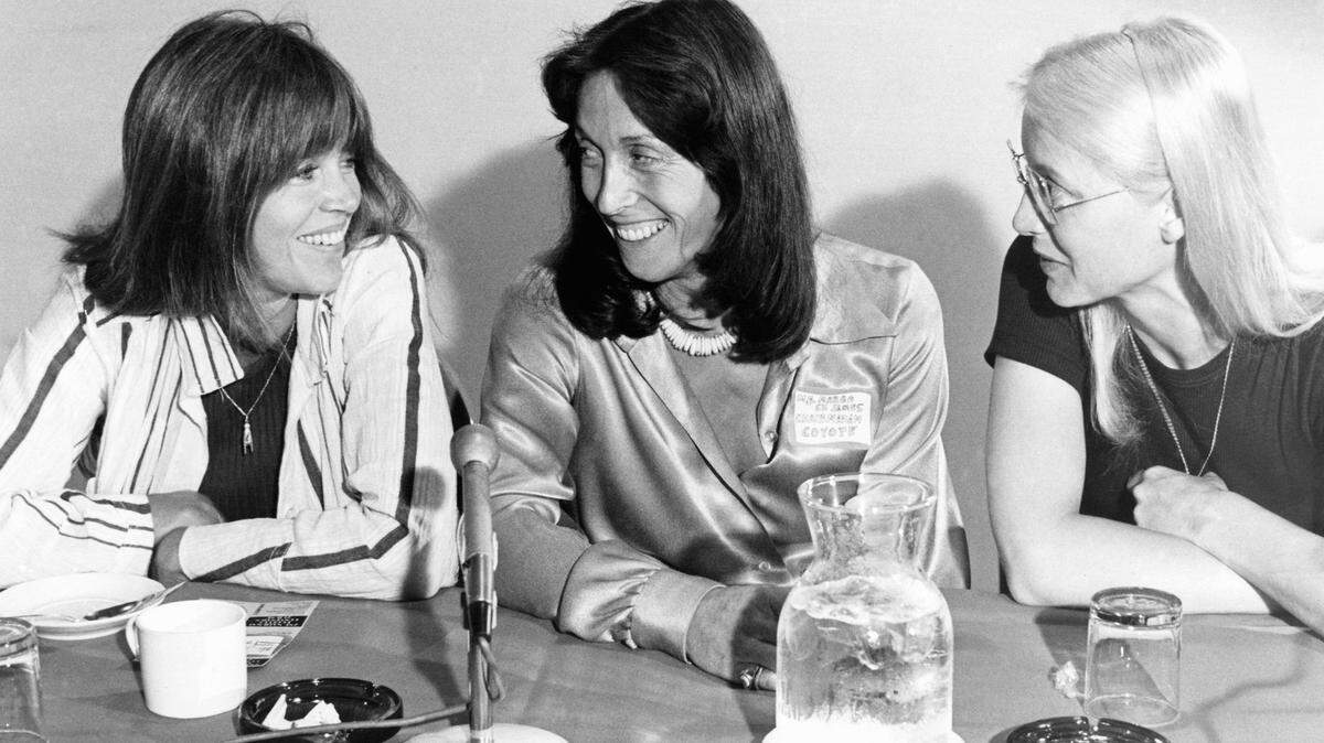 Jane Fonda, left, Margo St. James, center, and Dr. Jennifer James were panelists at the Second Annual Hookers Convention held in San Francisco, June 22, 1975. Hookers Union President St. James led the discussion of decriminalization of prostitution, and actress Fonda and Dr. James, an anthropologist from the University of Washington in Seattle contributed. (AP Photo)