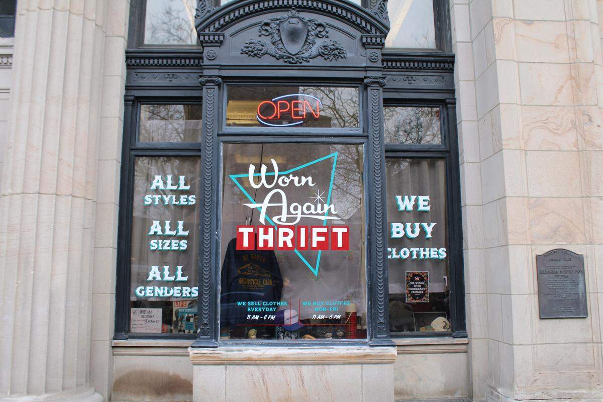 Worn Again Thrift is in a former bank building at 101 East Holly St. in downtown Bellingham.