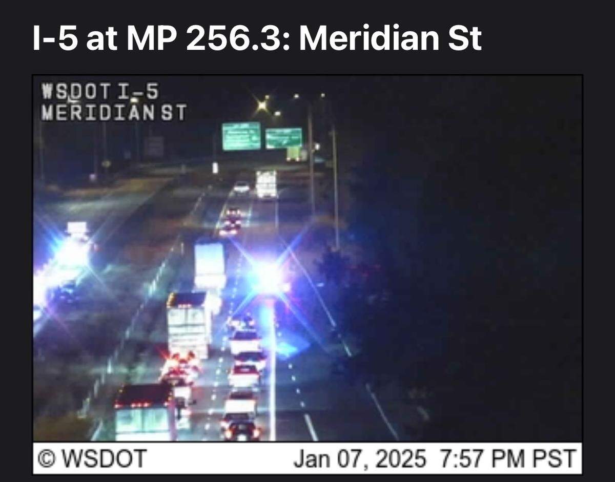 This image from WSDOT shows a backup as both directions of Interstate 5 were closed near Meridian Street in Bellingham for a crash Tuesday, Jan. 7.