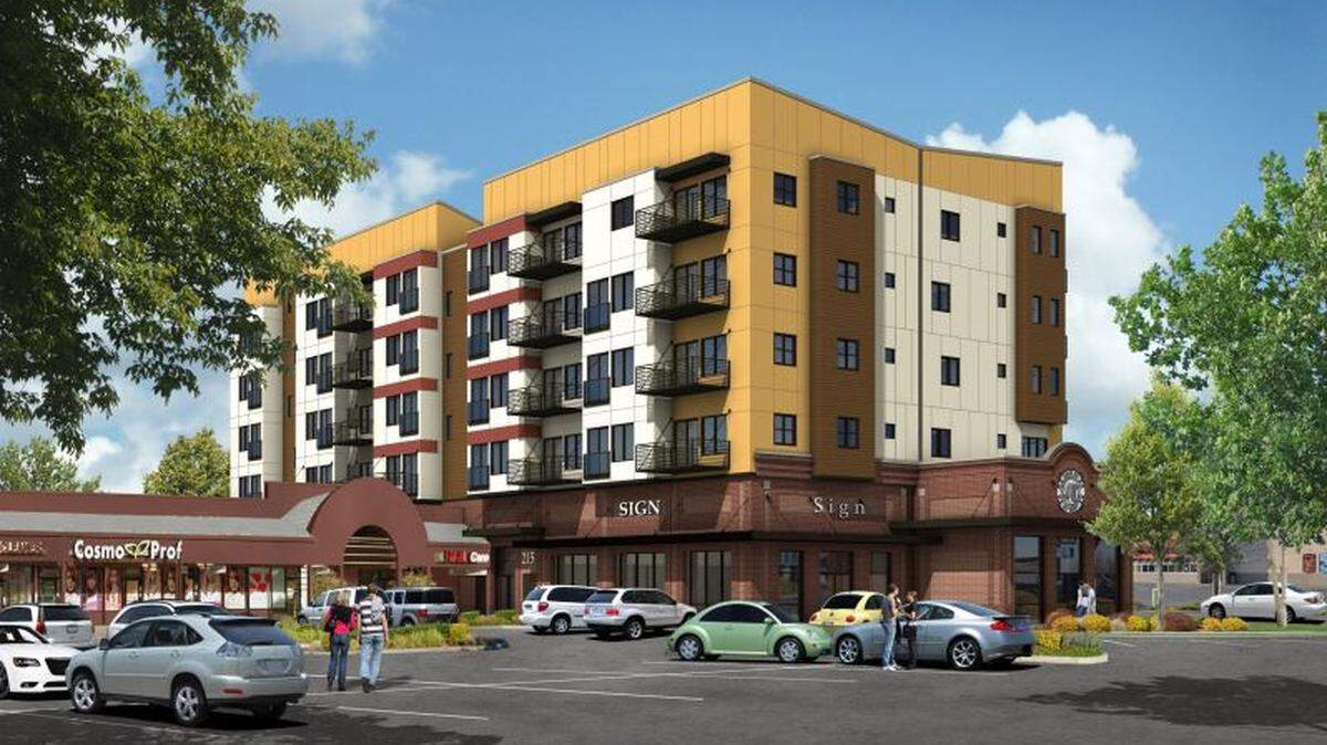 A drawing included in a city land-use application from December 2020 shows a potential design of the Cordata Place development at 215 Westerly Road, Bellingham. Plans call for adding 65 multi-family units above an existing commercial building in the retail center near the Burlington department store near Whatcom Community College.