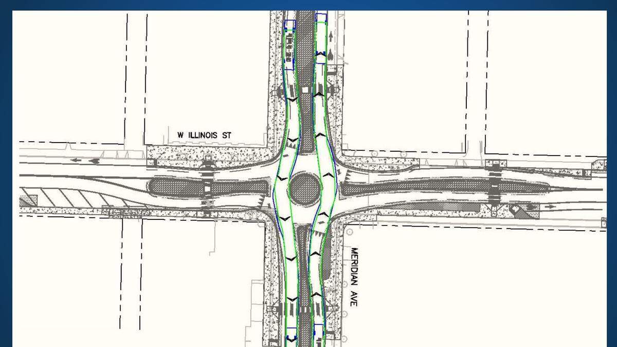 A drawing shows the roundabout that will replace a traffic signal at Meridian and West Illinois streets.