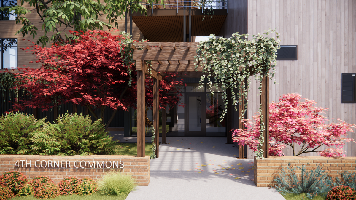 A rendering shows an entryway view of the proposed design for 4th Corner Commons.