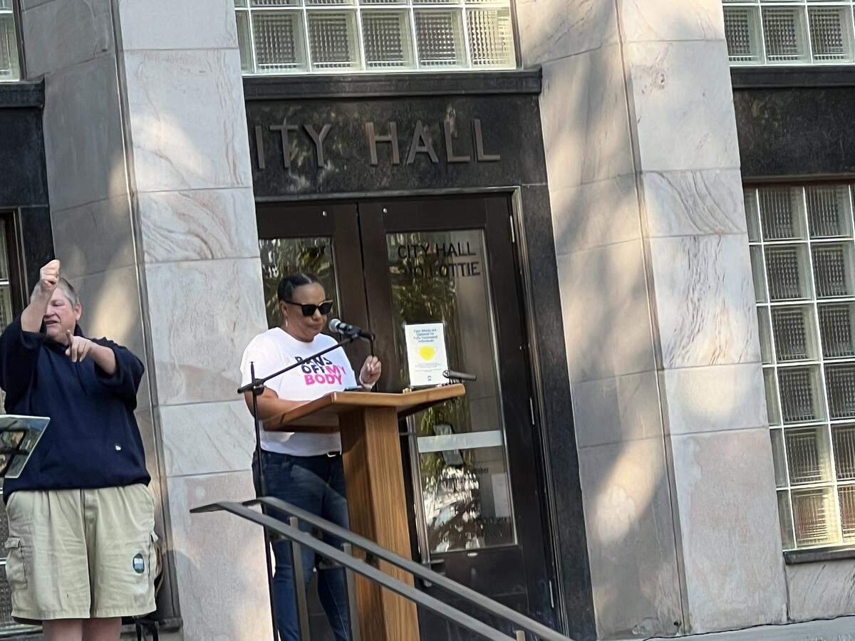 “This is not about caring for women and girls. This is about controlling them,” said Bellingham City Council member Kristina Michele Martens, quoting the poet Amanda Gorman, at an event held by Indivisible Bellingham Saturday, Oct. 8, in front of City Hall in Bellingham.