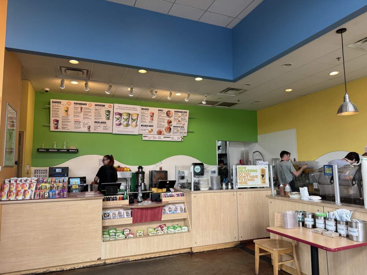 The interior of Robeks, a fresh juice and smoothie chain restaurant, at 3110 Woburn St. #107 in Bellingham, Wash. on July 10, 2026.