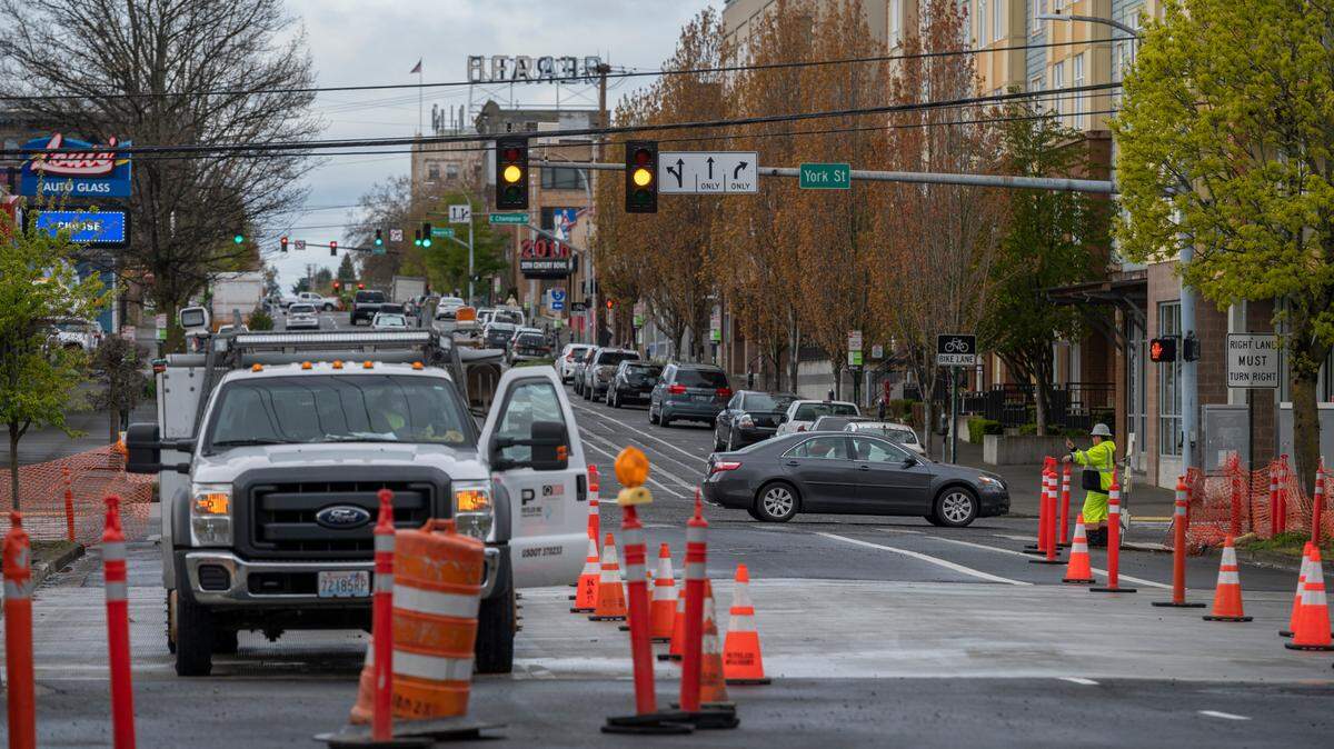 Construction crews prepare for the reopening of the State Street bridge on Thursday, April 21, in Bellingham.