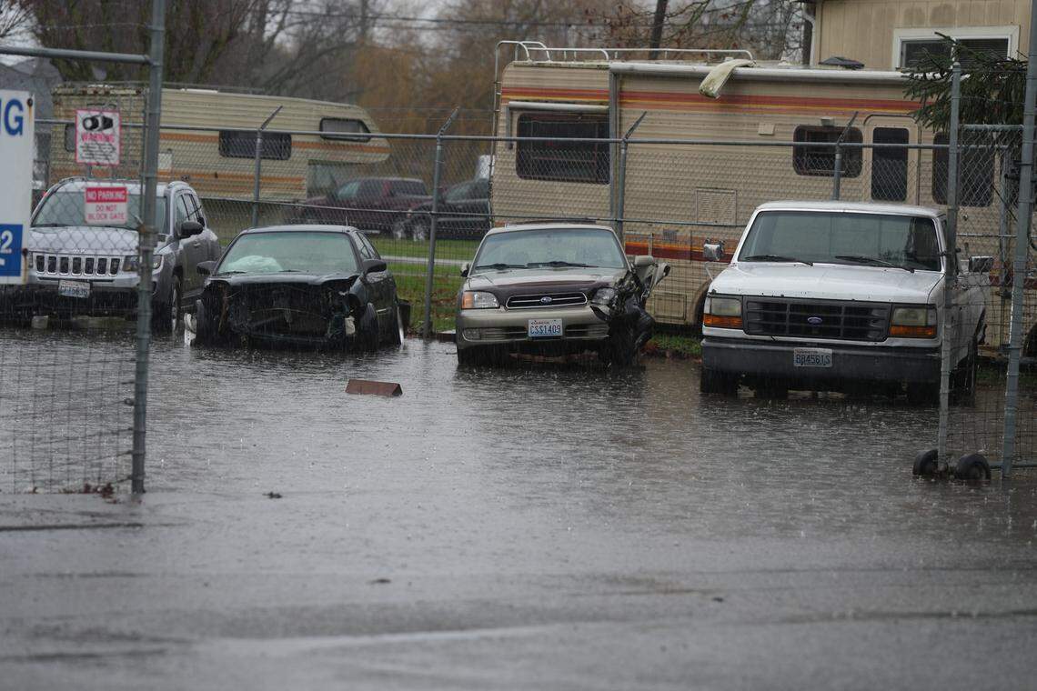 A vehicle lot was underwater on Dec. 10, 2025, in Sumas.