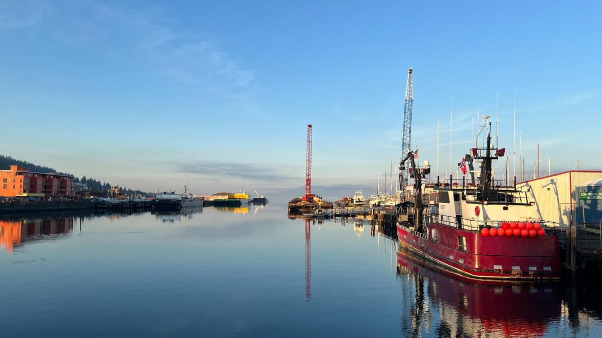 Working boats, cranes and barges on the Port of Bellingham waterfront are shown along Whatcom Waterway, where Whatcom Creek empties into Bellingham Bay on March 18, 2024, in Bellingham, Wash.