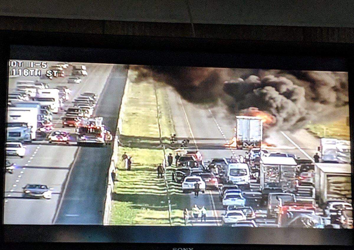 Washington State Patrol Trooper Heather Axtman tweeted a Department of Transportation traffic cam photo of the fatal crash Tuesday morning, April 30, 2019, on southbound Interstate 5 south of Mount Vernon.