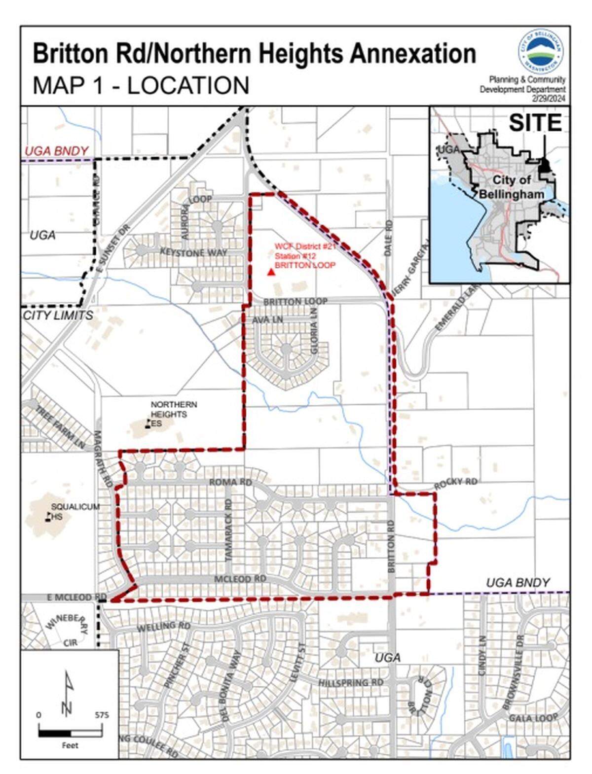 A map shows the proposed annexation boundary in northeast corner of Bellingham.