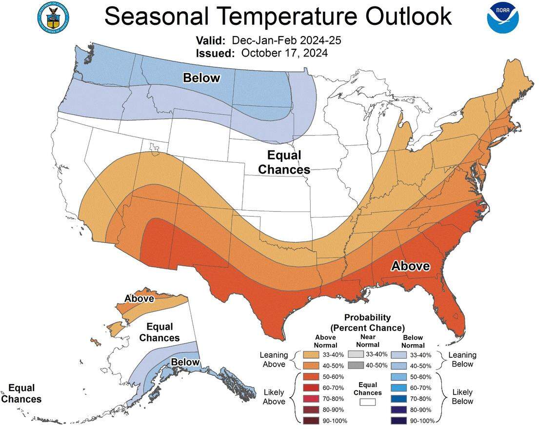 NOAA released its 2024-2025 winter outlook in Oct., showing below average temperatures in Washington state.