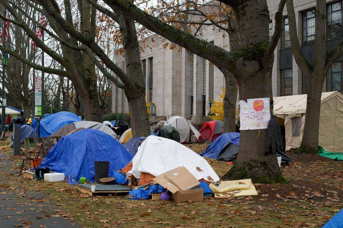 Tents erected by homeless people fill the lawn at City Hall and behind the main library Monday, Nov. 23, in Bellingham. Campers have demanded the city and county increase shelter capacity amid projections of a cold, wet and possibly snowy winter.