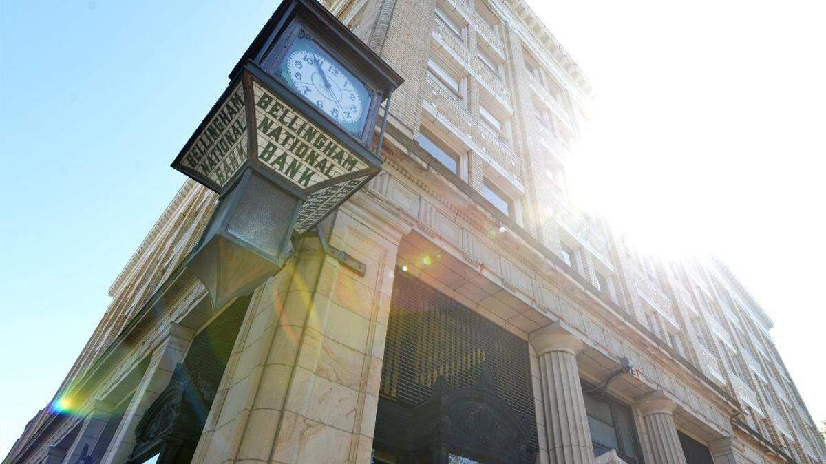 The Bellingham National Bank building clock on Aug. 7, 2014.